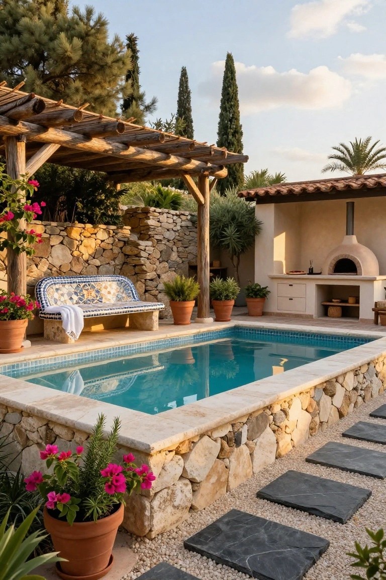 Small rectangular turquoise-tiled plunge pool edged in stone, next to a blue-and-white mosaic bench under a wooden pergola, with a rustic outdoor kitchen featuring a beige wood-fired oven and potted plants in a terraced backyard surrounded by stone walls and trees.