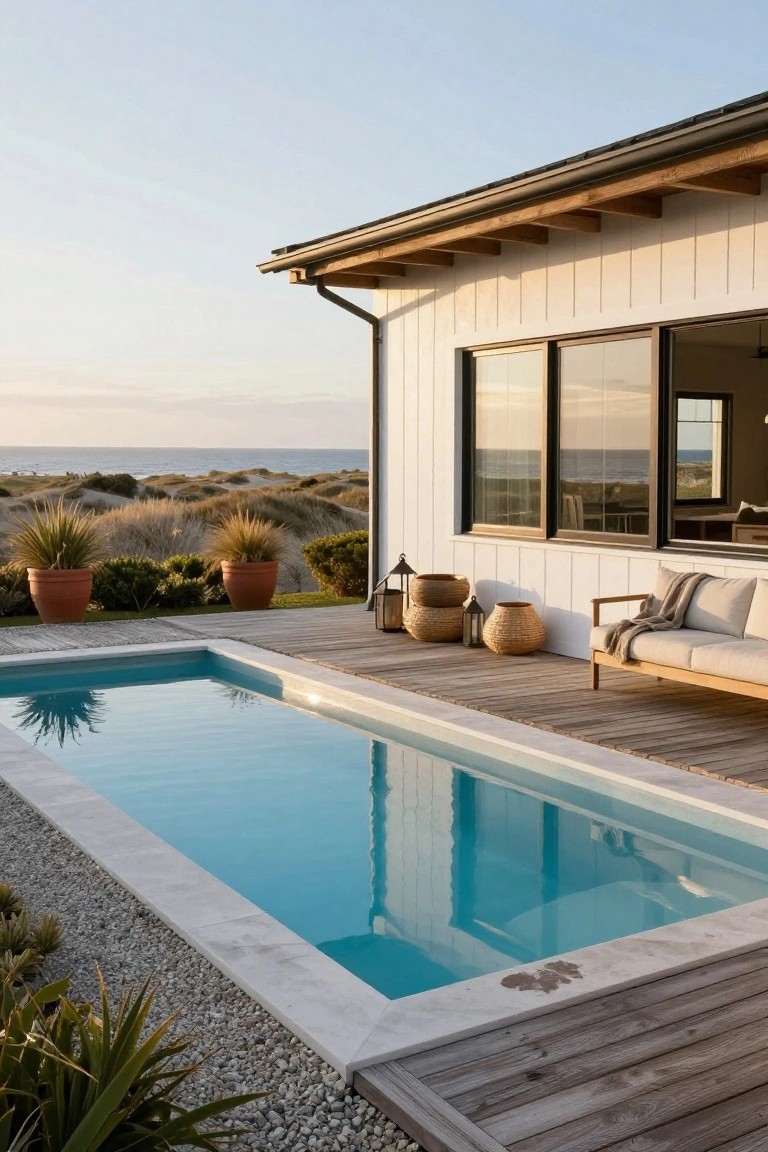 Narrow rectangular blue plunge pool with white stone surround on a light wooden deck beside a white shiplap beach house, outdoor sofa with cushions and throw, lanterns and baskets nearby, ocean dunes and sky in background