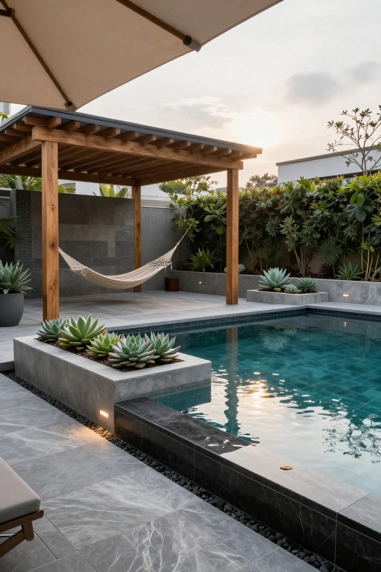 Backyard infinity pool with turquoise water, wooden pergola overhead holding a beige hammock, agave plants in concrete planters along the edge, gray tiled deck, lounge chair, and greenery at sunset.