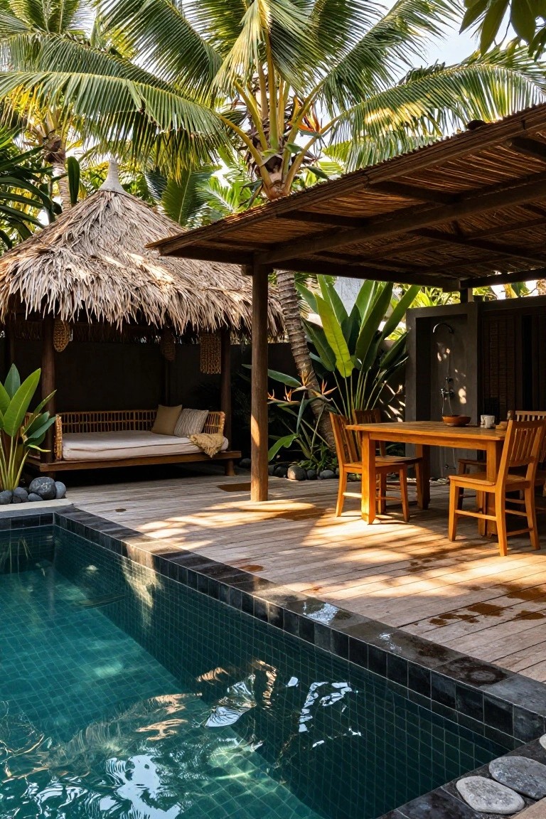 Wood deck beside a small turquoise-tiled pool edged in black tiles, featuring a wooden dining table with four chairs, a nearby thatched daybed pavilion with cushions, tropical plants, palms, and an outdoor shower enclosure.