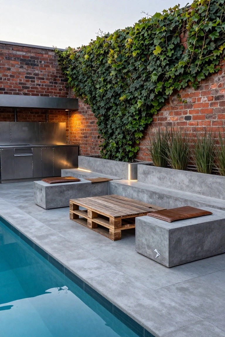 Backyard infinity pool with adjacent concrete benches and planters used as seating, wooden pallet table, leather cushions, stainless steel outdoor kitchen, grasses in planters, and ivy-covered brick wall.