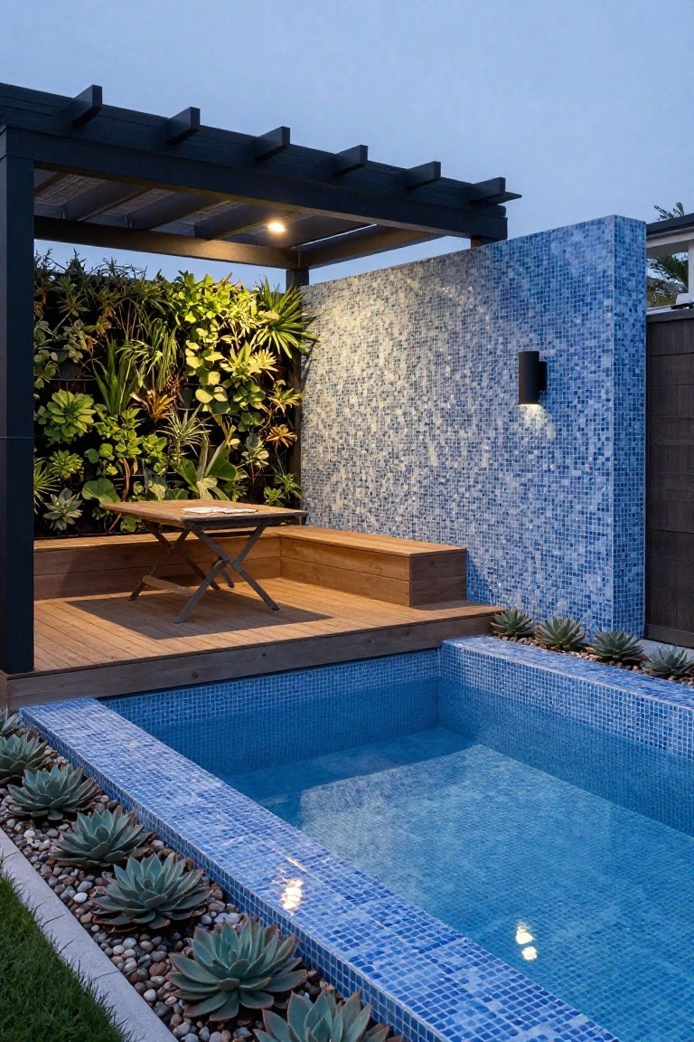 Wooden deck with built-in bench, small table, vertical green wall, black pergola, and blue mosaic-tiled pool edged by agave plants and pebbles.