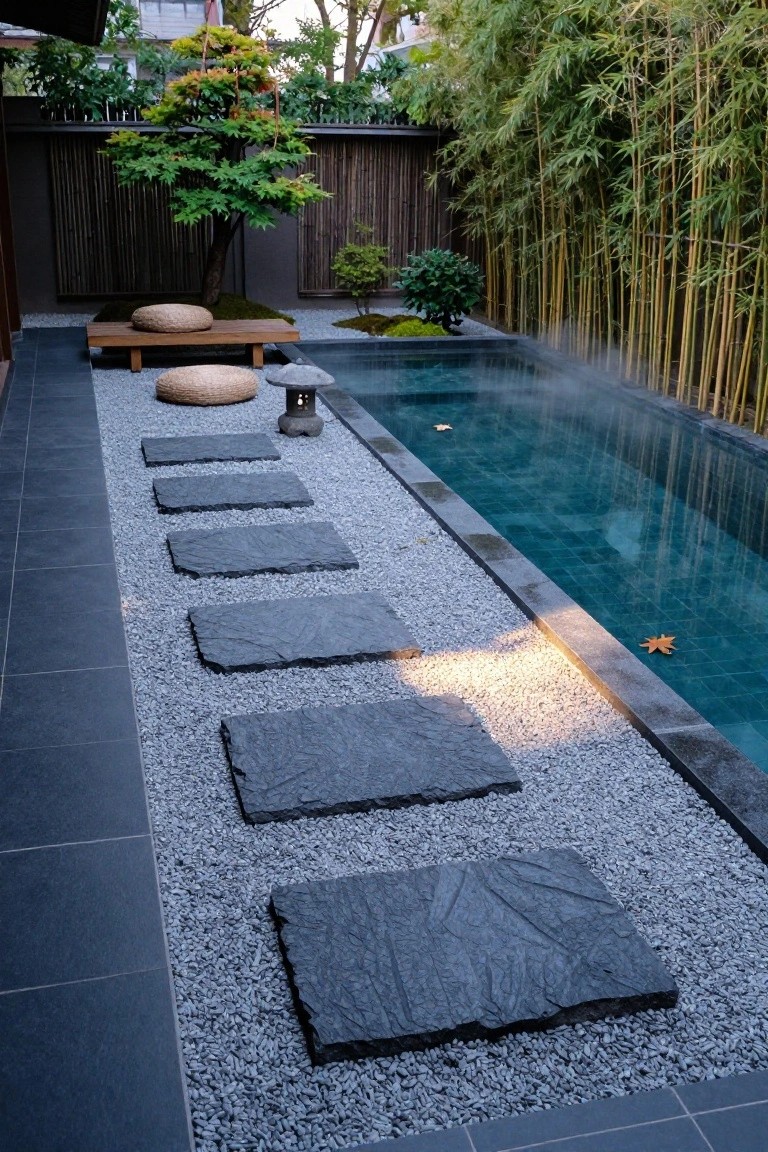 Narrow turquoise pool in a backyard with irregular black stone slabs set in white gravel forming a path alongside, wooden bench with round cushions, stone lantern, bamboo fencing, and various plants and trees.