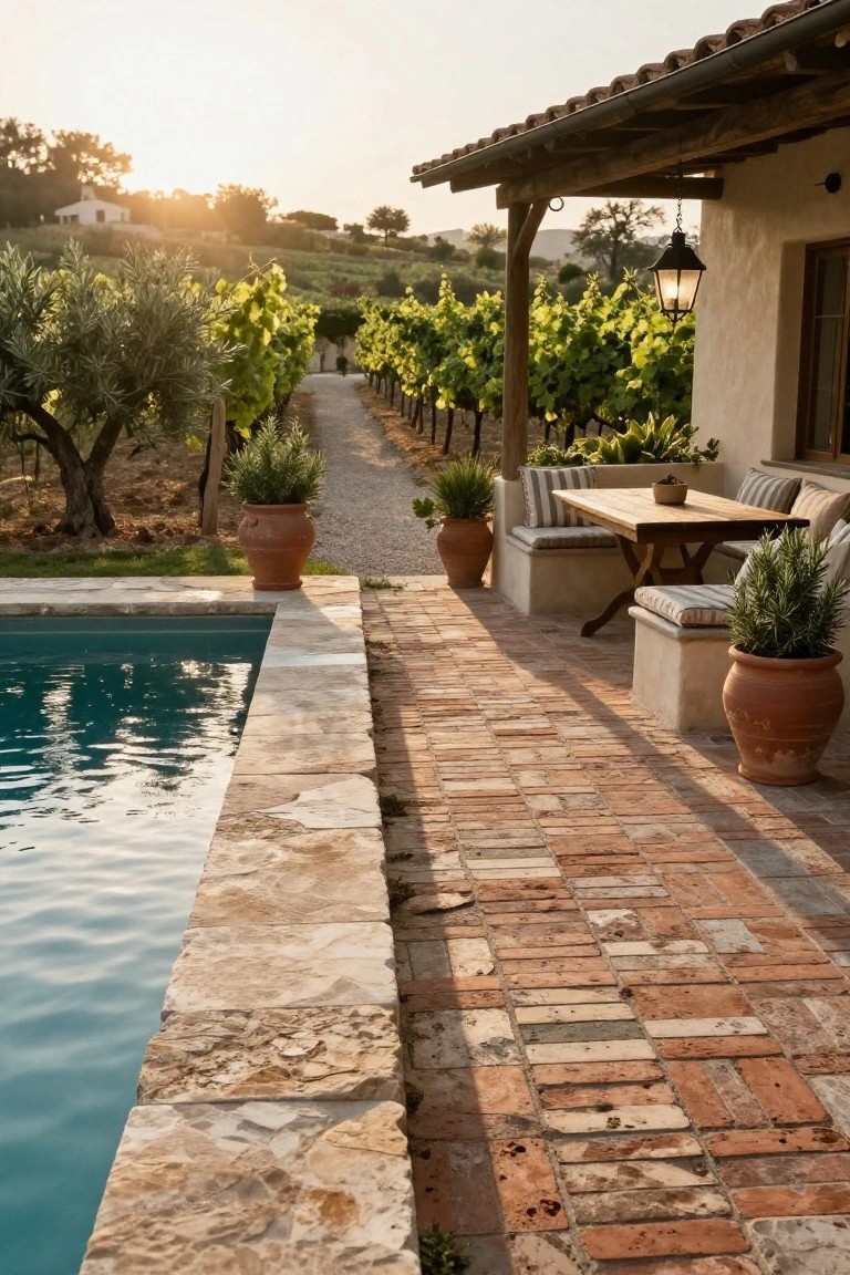 Turquoise infinity pool next to a brick-paved terrace under a wooden pergola with built-in cushioned benches, wooden table, potted plants, and vineyard landscape in the background.