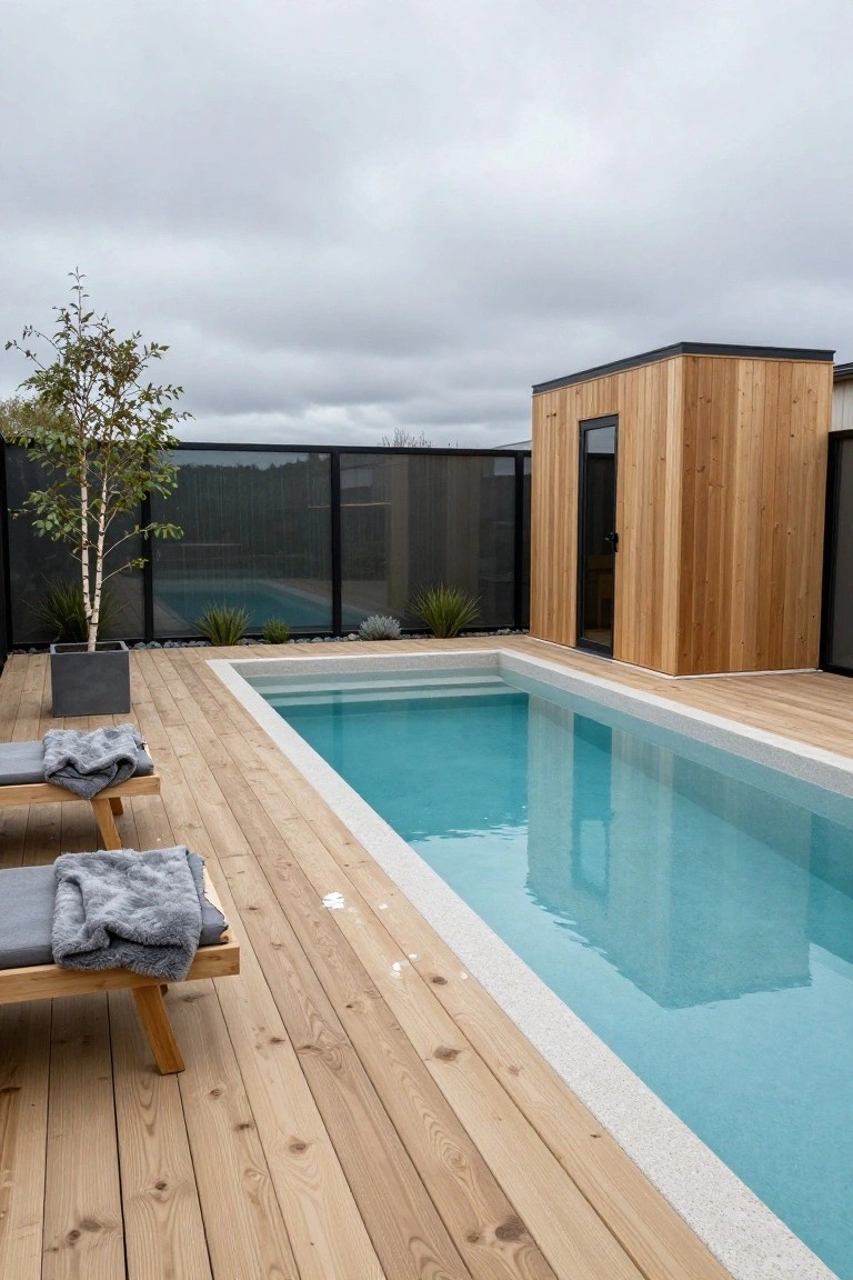 Narrow rectangular turquoise pool with white quartz edging and wood deck surround, featuring two wooden lounge chairs with gray blankets, a small cedar-clad sauna cabin with glass door, potted birch tree, black slatted fence with glass panels, and gravel landscaping under cloudy sky.