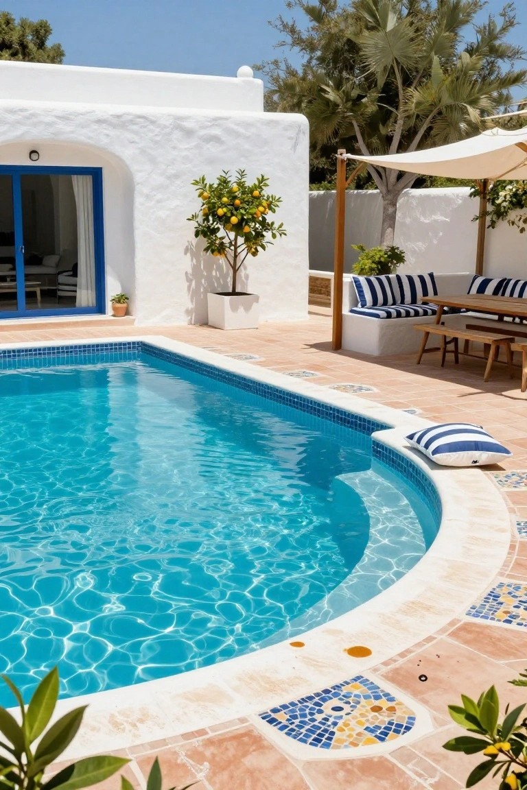 Curved blue-tiled swimming pool with white coping on a terracotta patio next to a white stucco house with blue doors, wooden dining table with blue-and-white striped bench cushions under a beige fabric shade sail, potted lemon tree nearby.