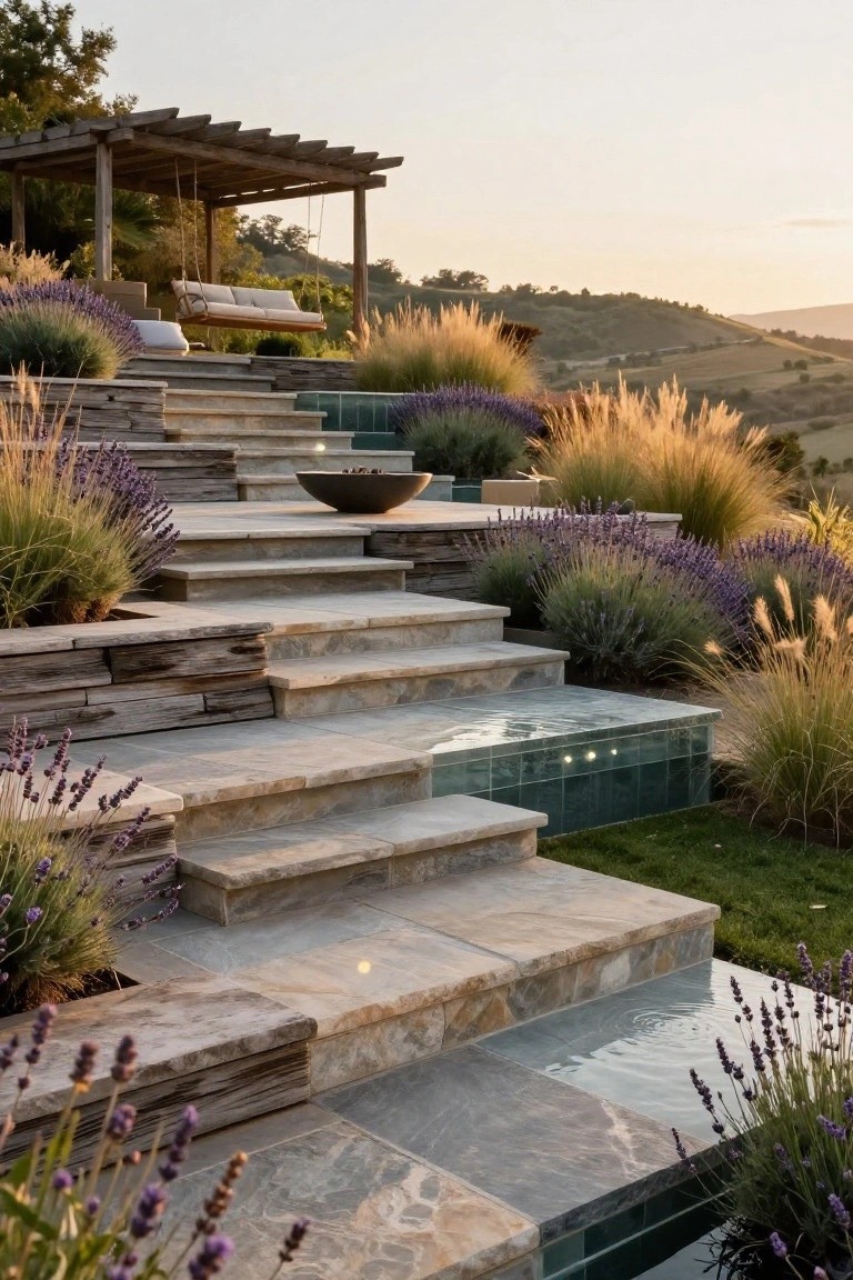 Stone terraced stairs flanked by lavender plants and ornamental grasses leading down to a small rectangular infinity pool with green-tiled edges, pergola swing structure at the top on a hillside.