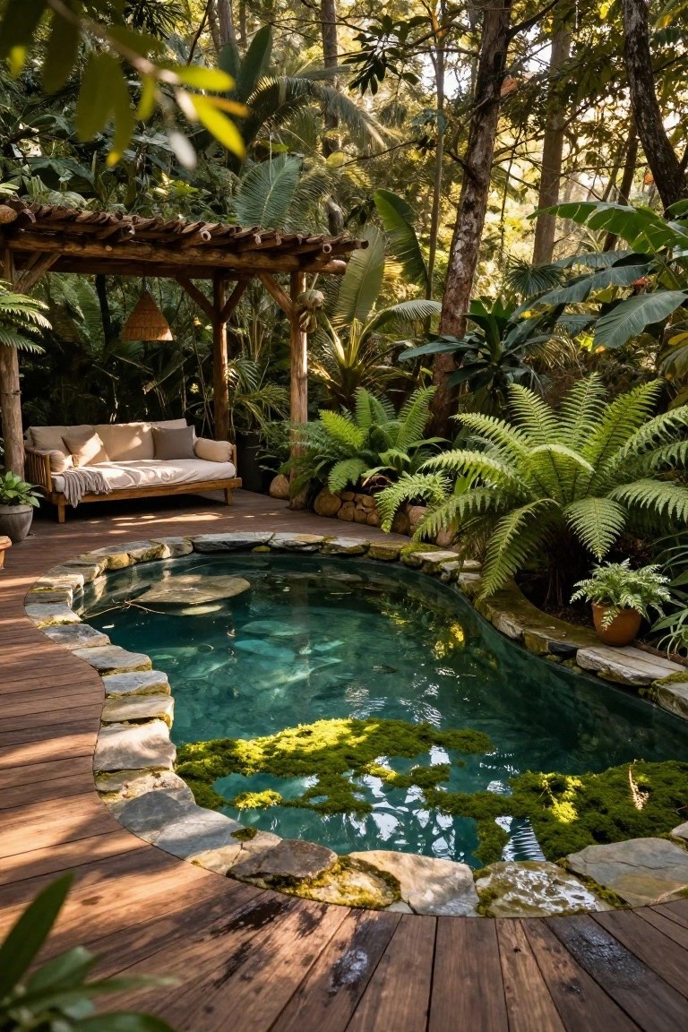 Small oval turquoise pool with mossy natural stone edging and surrounding wooden deck, lush tropical plants and ferns, beige cushioned daybed under bamboo pergola structure.