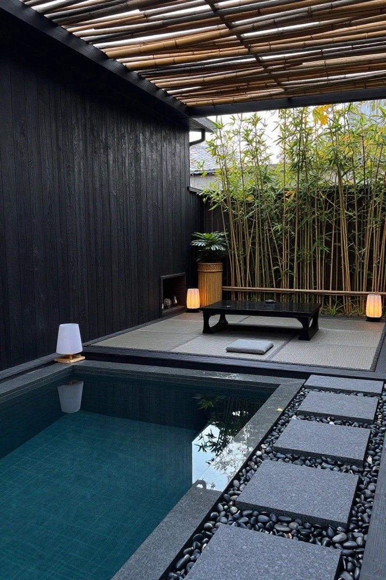 Private turquoise pool in a dark wood-walled courtyard under a slatted bamboo pergola roof, with gray tatami mats, low black table, white cushions, rattan lanterns, and bamboo privacy screens.