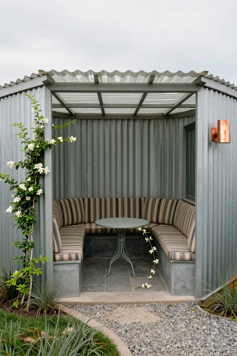 Corrugated metal outdoor pavilion with translucent wavy roof panels, curved bench with striped cushions around a small round table inside, white flowering vines climbing one wall, gravel path and plants in front.