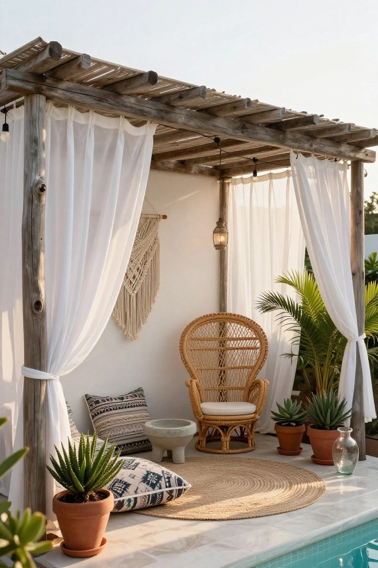 Wooden pergola with white sheer curtains partially enclosing a rattan armchair, floor cushions, round seagrass rug, potted plants, and small side table next to a turquoise pool edge.