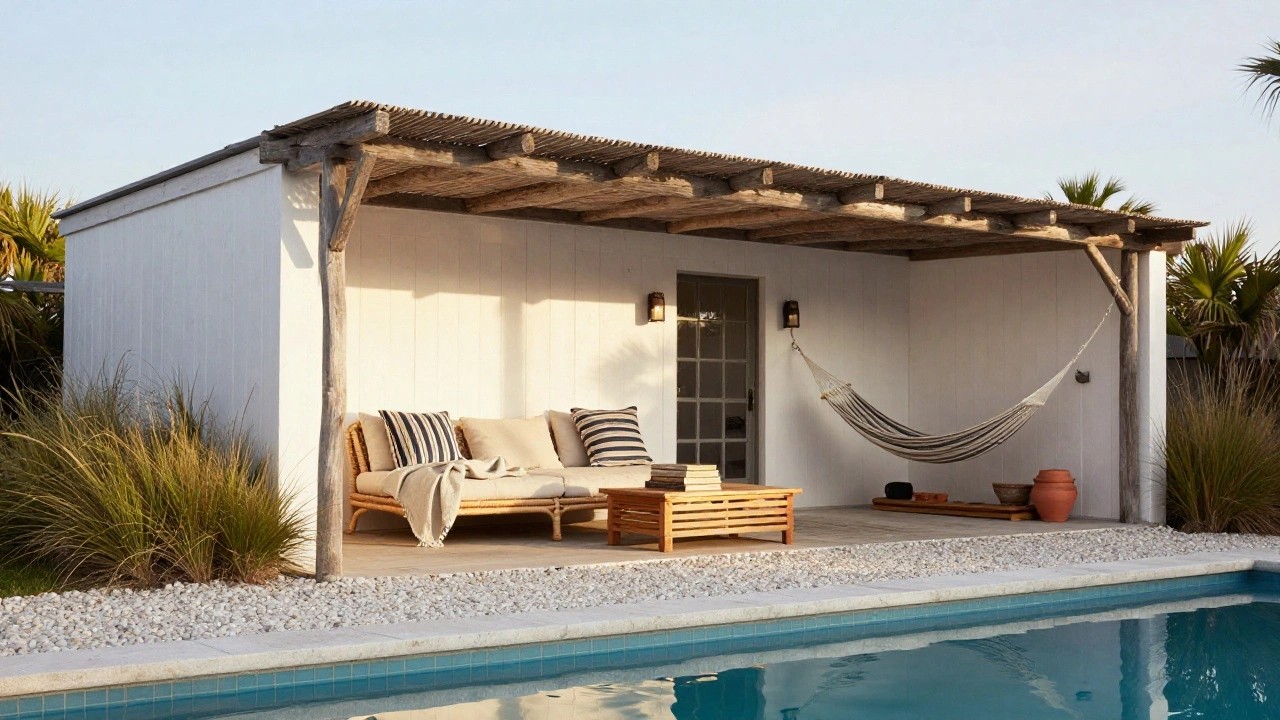 Wooden pergola covering a poolside area with striped pillows on a rattan daybed, hanging hammock, wooden coffee table with books, bar stools at a counter, potted plants, and turquoise pool in foreground.