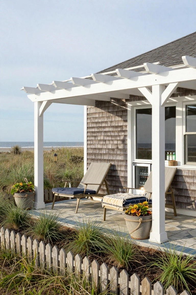 Shingled beach cottage porch under white pergola with two cushioned lounge chairs, potted plants, mini-fridge with bottled drinks, picket fence, dune grasses, and ocean in background