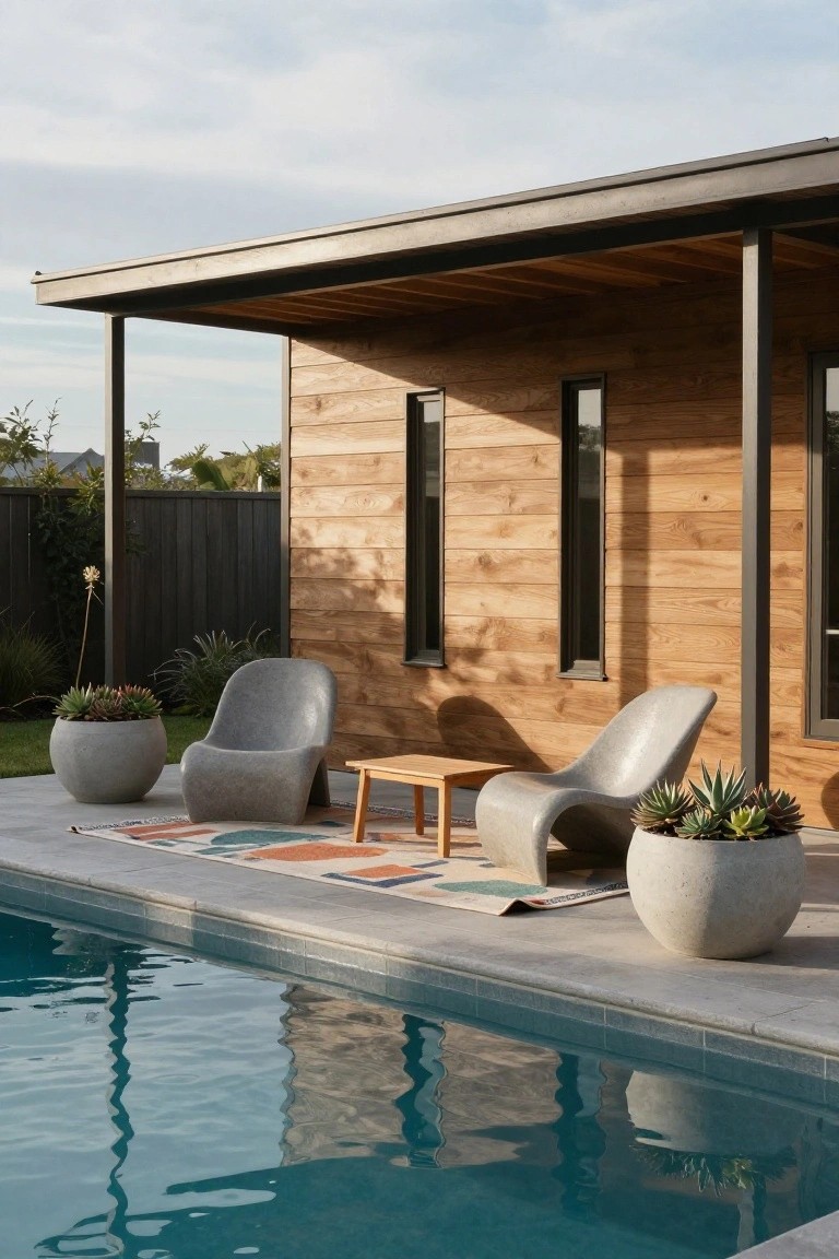 Wooden pool house with metal pergola cover over a patio with two curved gray lounge chairs, wooden side table, colorful rug, potted succulents, and turquoise swimming pool adjacent.