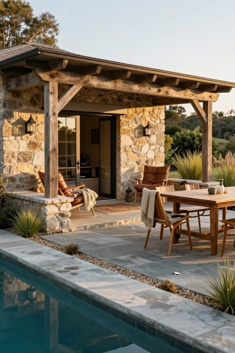 Rustic stone pool house with wooden pergola over a patio dining table, leather chairs with throws, and a turquoise swimming pool edged in stone pavers.