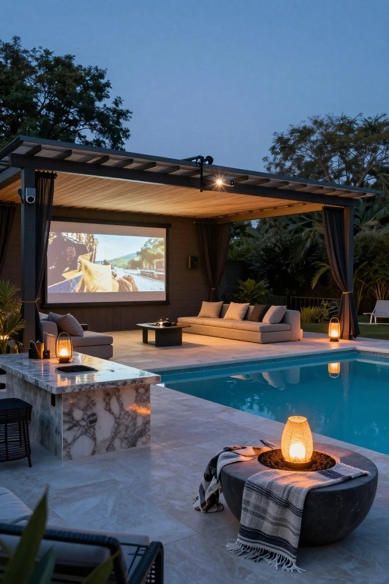 Dusk view of wooden pergola covering outdoor seating area with projected movie on screen, gray L-shaped sofa, low table, bar counter, fire pit, and blue pool edged by plants and trees.