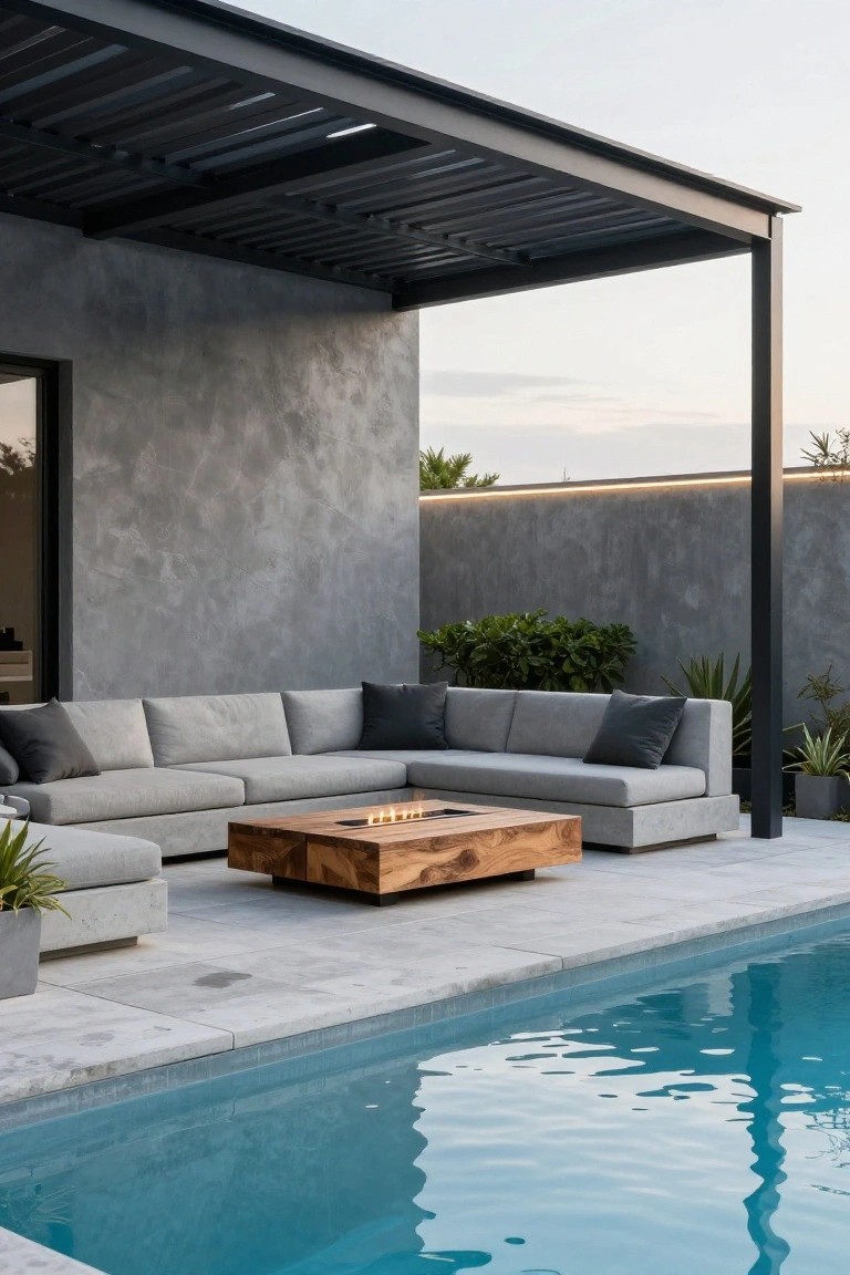 Modern outdoor lounge under black steel pergola with light gray L-shaped sofa, wooden coffee table featuring linear gas fire, potted plants, textured gray walls, and turquoise swimming pool.