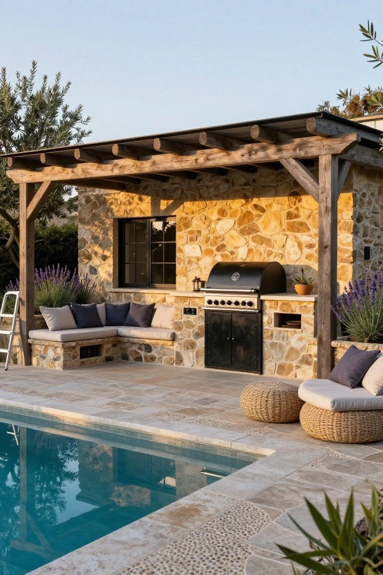 Stone-walled outdoor structure with built-in black gas grill, wooden pergola overhead, corner bench with cushions, woven poufs, lavender plants beside tiled pool edge.