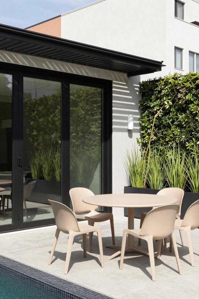 Beige molded chairs around a round beige table on a light gray concrete patio next to a pool edge, under a black metal pergola with sliding glass doors, greenery planters, and white building in the background.