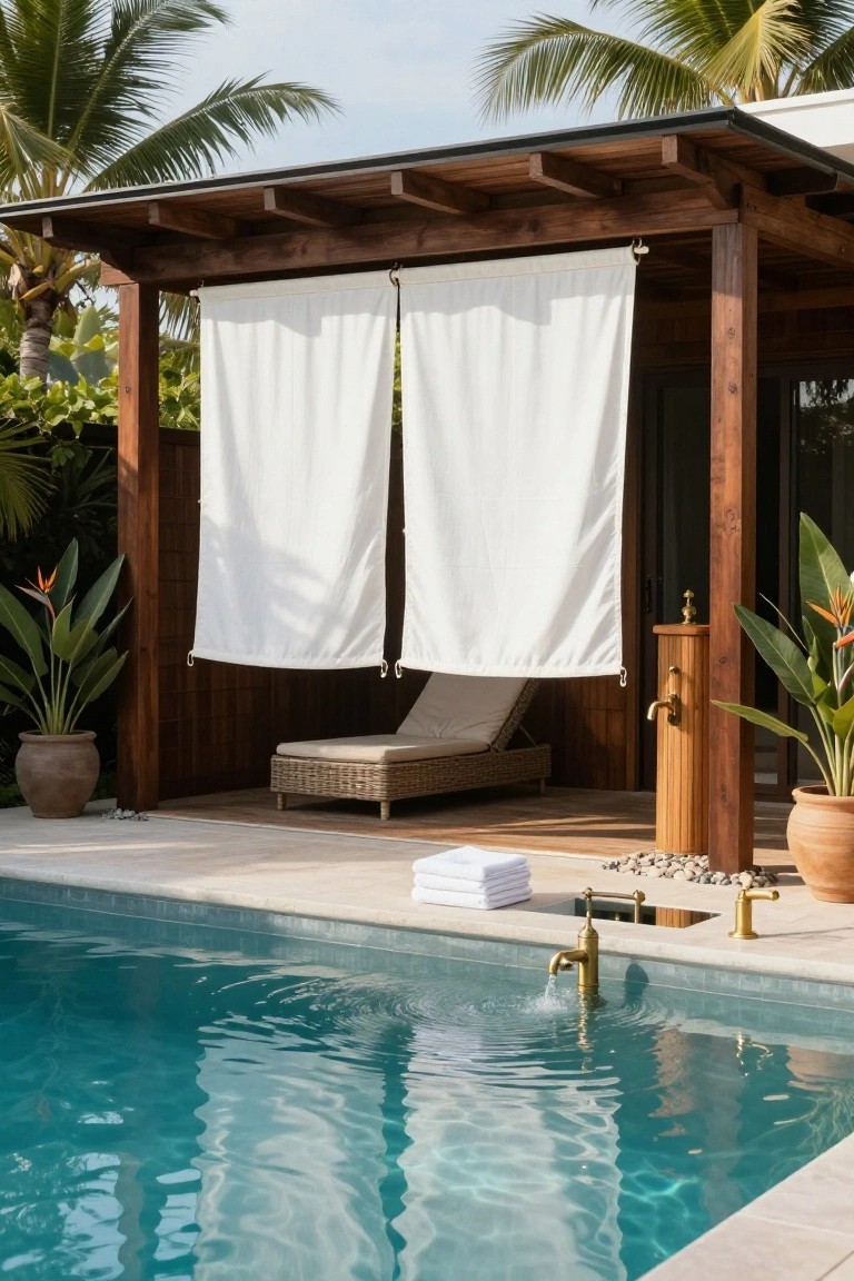 Wooden pergola with white curtains beside an infinity-edge pool, featuring a cushioned lounger, stacked towels, potted plants, and a brass faucet with water flowing into the pool.