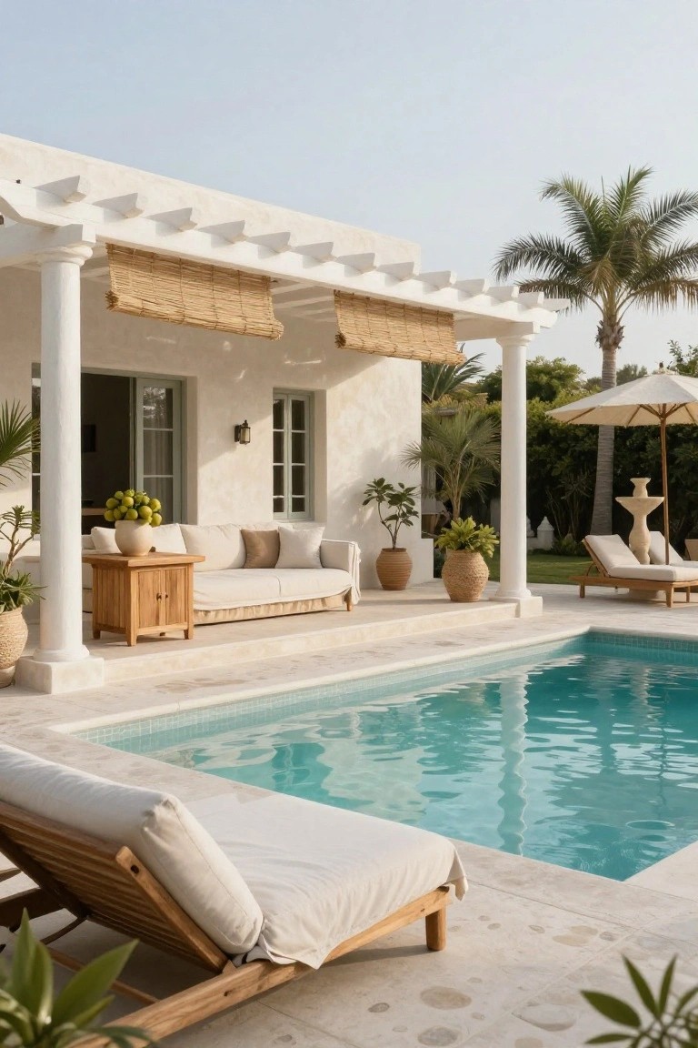 White stucco house with pergola on columns and hanging reed shades over an outdoor sofa and side table, beside a turquoise pool with a wooden lounger, potted plants, and palm trees.
