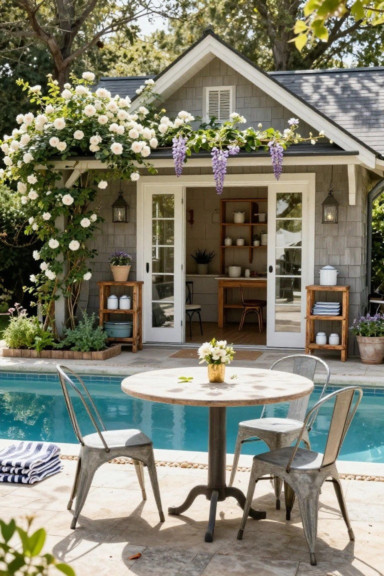Shingled pool house exterior covered in white climbing roses and purple wisteria vines, with open glass doors, wooden shelves inside, and a round table with metal chairs on a poolside patio nearby.