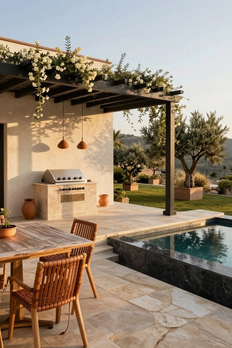 Outdoor patio with wooden pergola covered in white flowering vines, wooden dining table with rattan chairs, built-in stainless steel barbecue against beige stucco wall, terracotta pots, olive trees, and dark-edged pool.