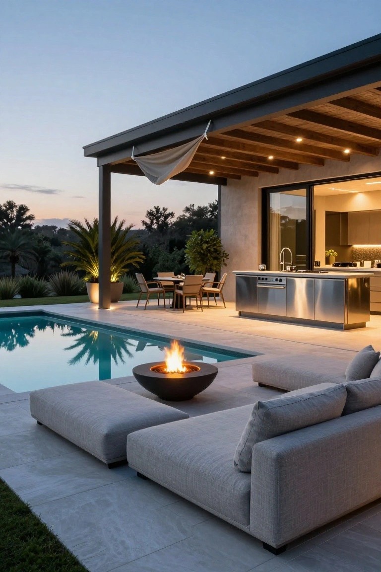 Dusk view of a poolside outdoor living area under a wooden pergola with draped fabric, featuring an L-shaped gray sofa, round fire pit, stainless steel outdoor kitchen, dining table, potted palms, and glass house doors.