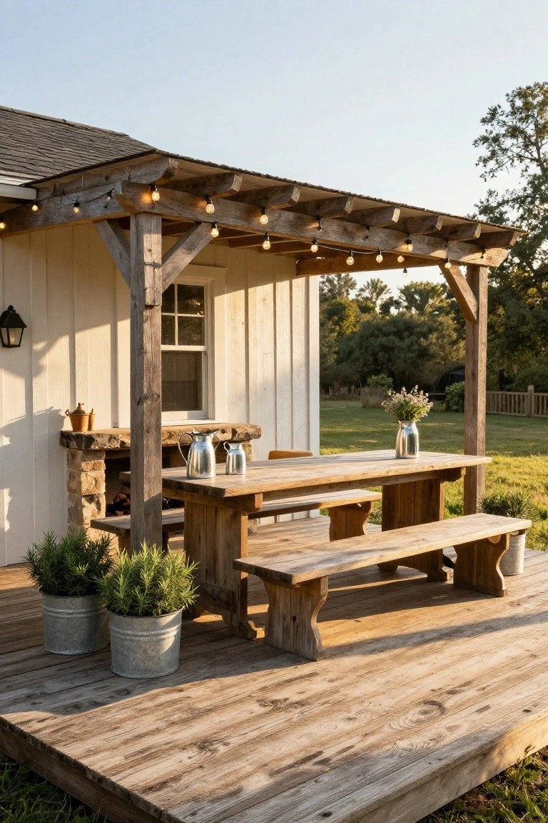 Rustic wooden pergola with string lights over a long picnic table and benches on a wooden deck platform next to a white clapboard building with stone outdoor kitchen and potted plants in metal buckets.