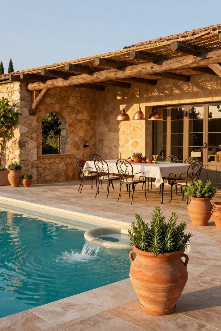 Rustic stone terrace under wooden pergola with reed roofing and hanging copper lanterns over a white-draped dining table with metal chairs, next to a turquoise pool with fountain and terracotta plant pots.
