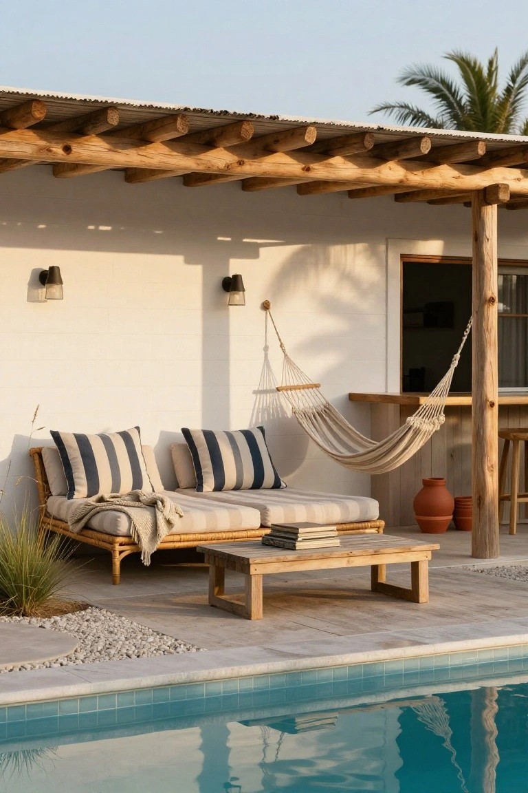 Wooden pergola covering a poolside area with striped pillows on a rattan daybed, hanging hammock, wooden coffee table with books, bar stools at a counter, potted plants, and turquoise pool in foreground.