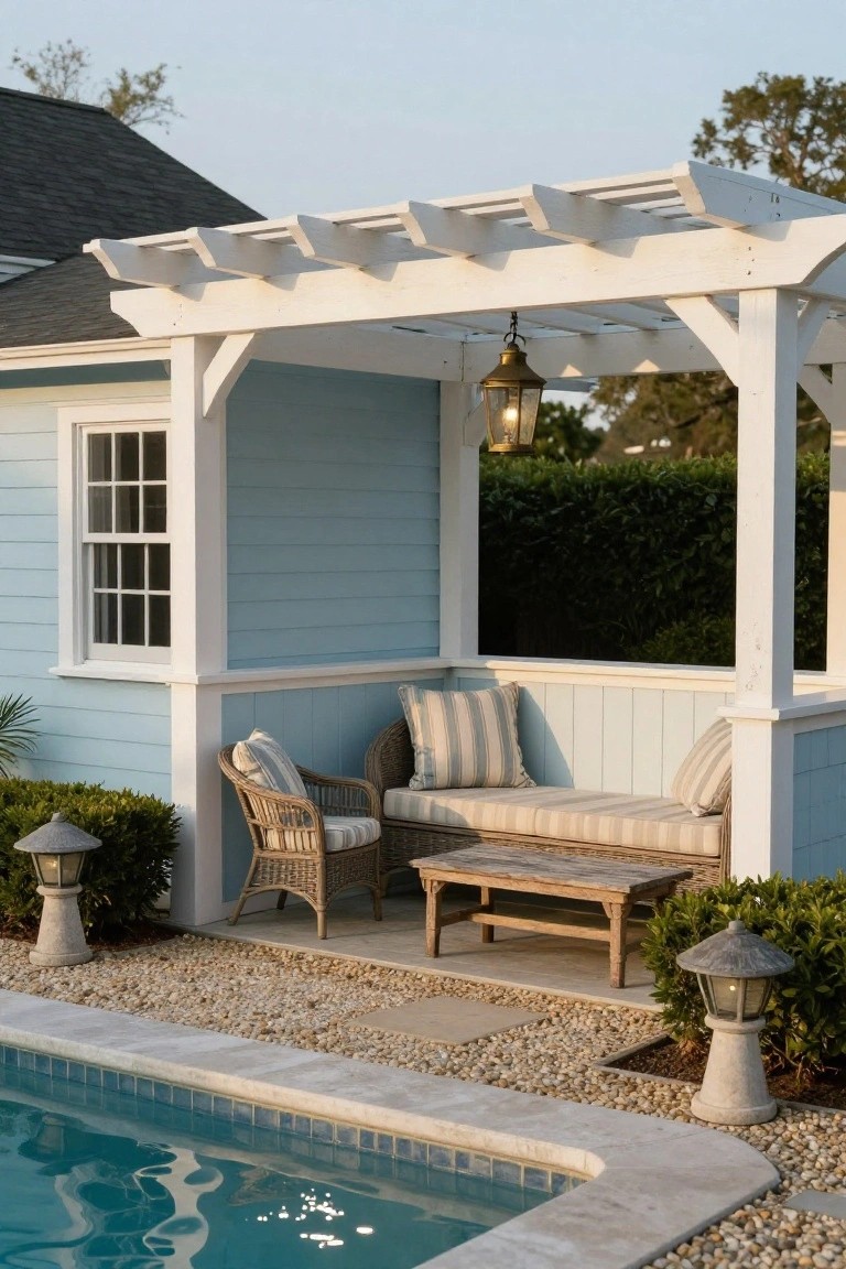 Shaded Poolside Bench Under a Pergola