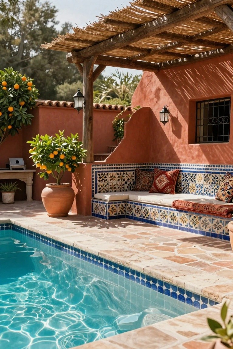 Outdoor pool area featuring a wooden pergola with thatched roof over built-in blue-and-white tiled bench seating with cushions, orange trees in terracotta pots, lanterns, and a small pool with blue tile edging against a red stucco wall.
