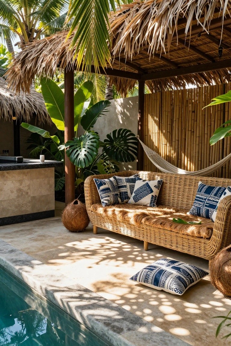Poolside outdoor lounge under a thatched pergola with rattan sofa piled with patterned pillows, potted plants, hanging hammock, bar counter, and turquoise pool edged in stone.