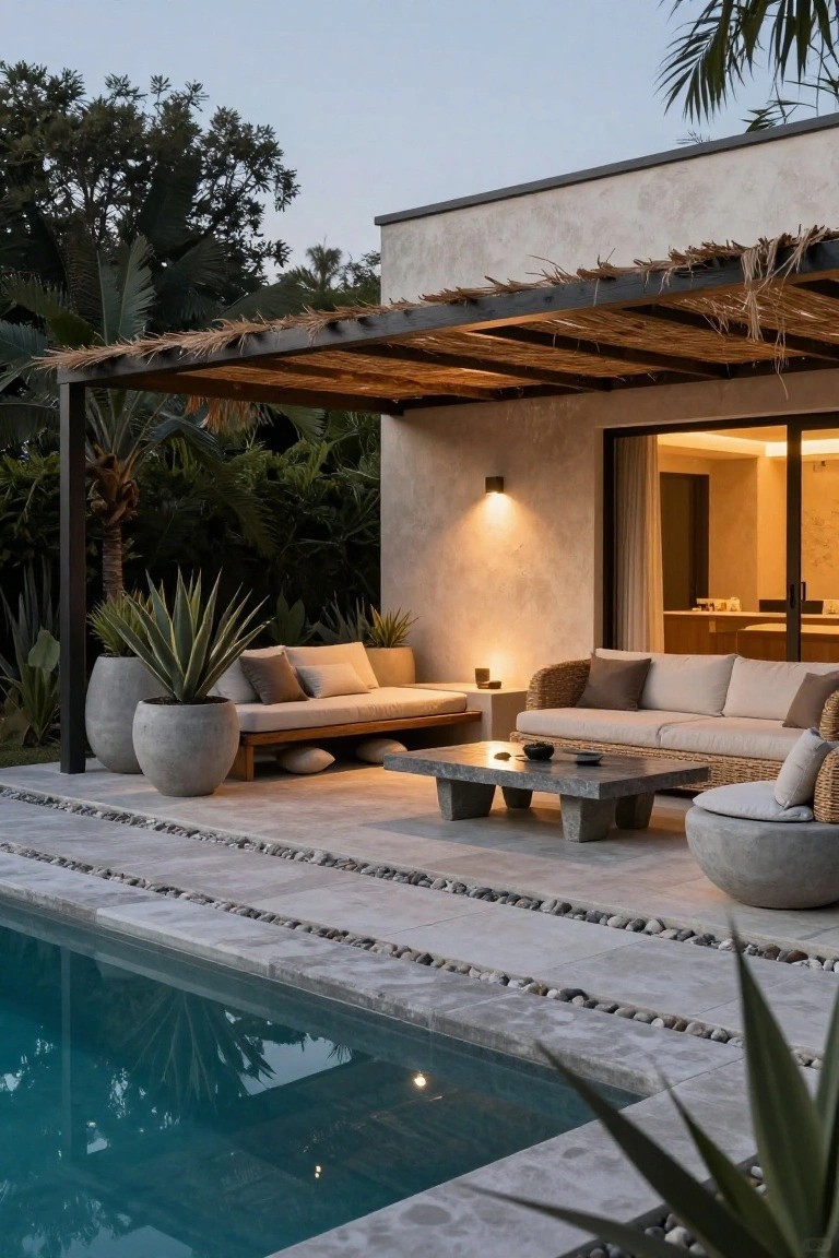 Dusk view of turquoise pool beside beige stucco house with black metal pergola covered in thatch shading low beige outdoor couches, woven chairs, concrete table, large gray pots with agave plants, and tropical greenery.