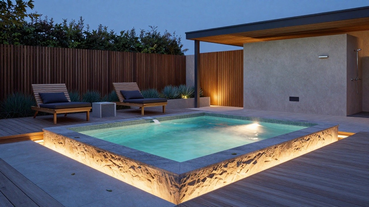 A backyard pool at dusk with LED strip lights glowing underwater along the travertine edge, a small waterfall cascading in, wooden lounge chairs on a deck nearby, and plants and fencing around.