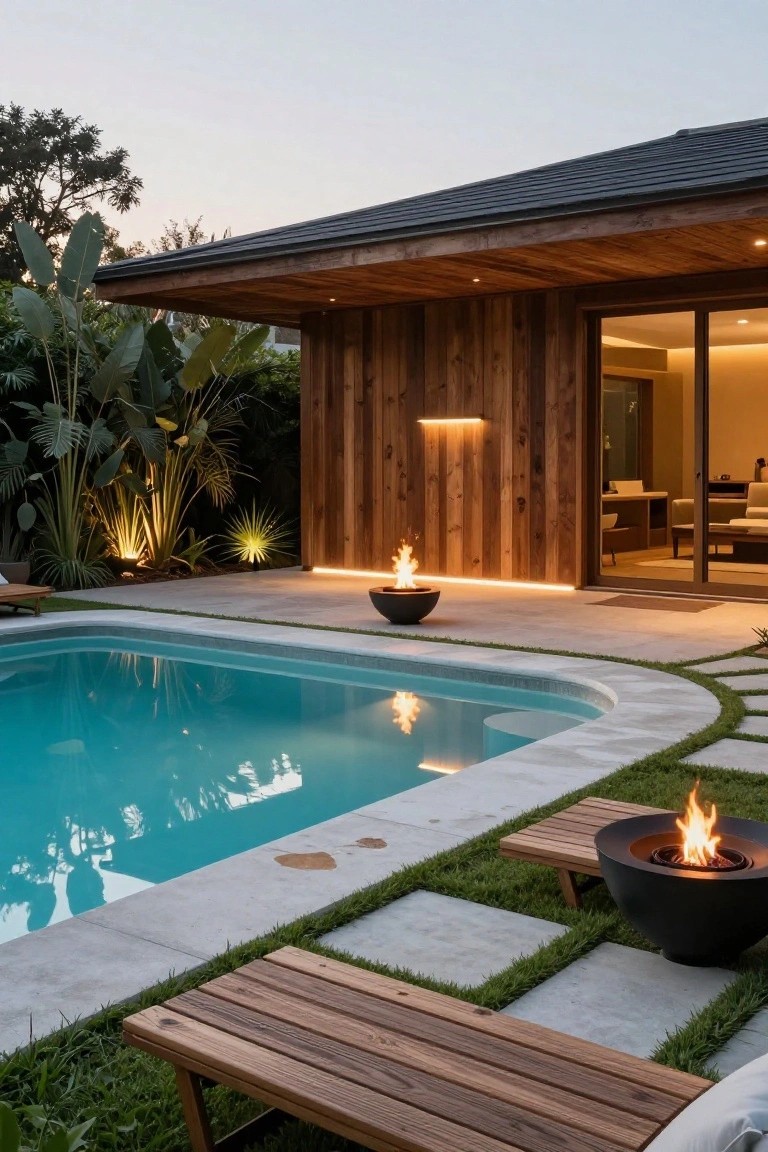 25 Bright Outdoor Pool Lighting Ideas That Elevate the Whole Yard Twilight view of a curved turquoise pool in a backyard with tropical plants, concrete terrace edged in grass, two black spherical fire pits with flames, wooden benches, and cedar-clad modern house with glass doors.
