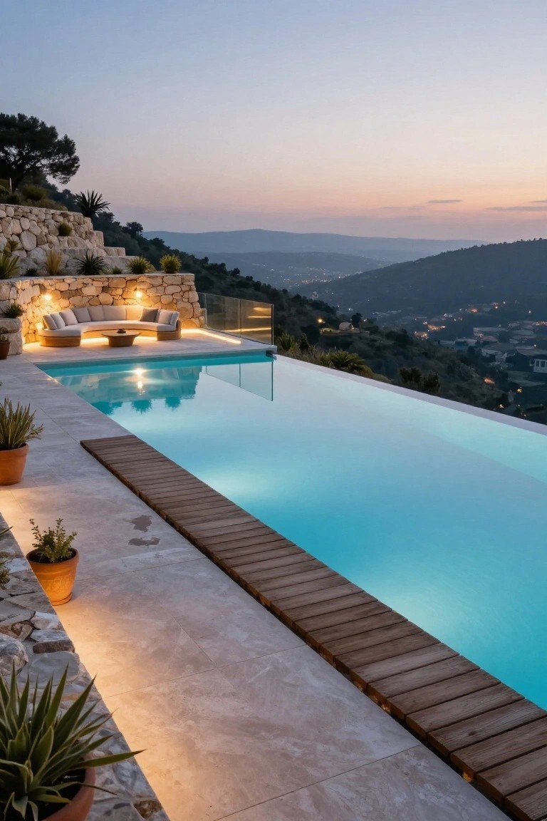 25 Bright Outdoor Pool Lighting Ideas That Elevate the Whole Yard Infinity-edge outdoor pool with illuminated wooden deck edge, curved beige sofa seating nearby, stone walls, potted plants, and hillside view at twilight.