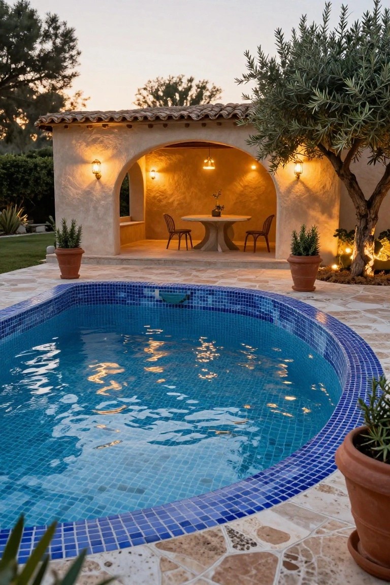 25 Bright Outdoor Pool Lighting Ideas That Elevate the Whole Yard Curved blue mosaic-tiled pool at dusk surrounded by stone pavers and potted plants, with warm lantern lights on a stucco arched structure containing a round table, chairs, and olive trees nearby.