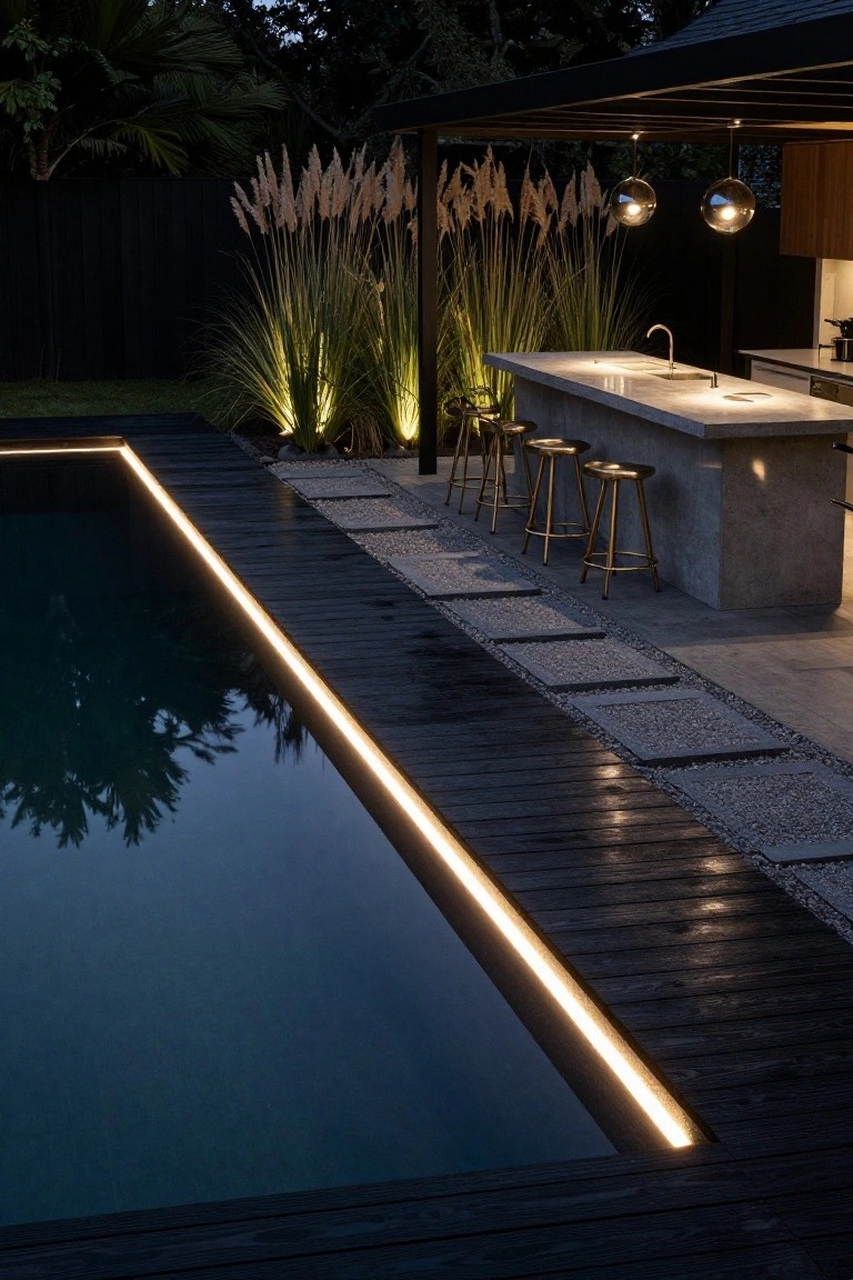 25 Bright Outdoor Pool Lighting Ideas That Elevate the Whole Yard Night view of a rectangular pool with glowing white LED strip lights embedded along the edge of a dark wooden deck, next to a concrete outdoor bar with gold stools, pampas grass uplights, pendant globes, and stepping stones.