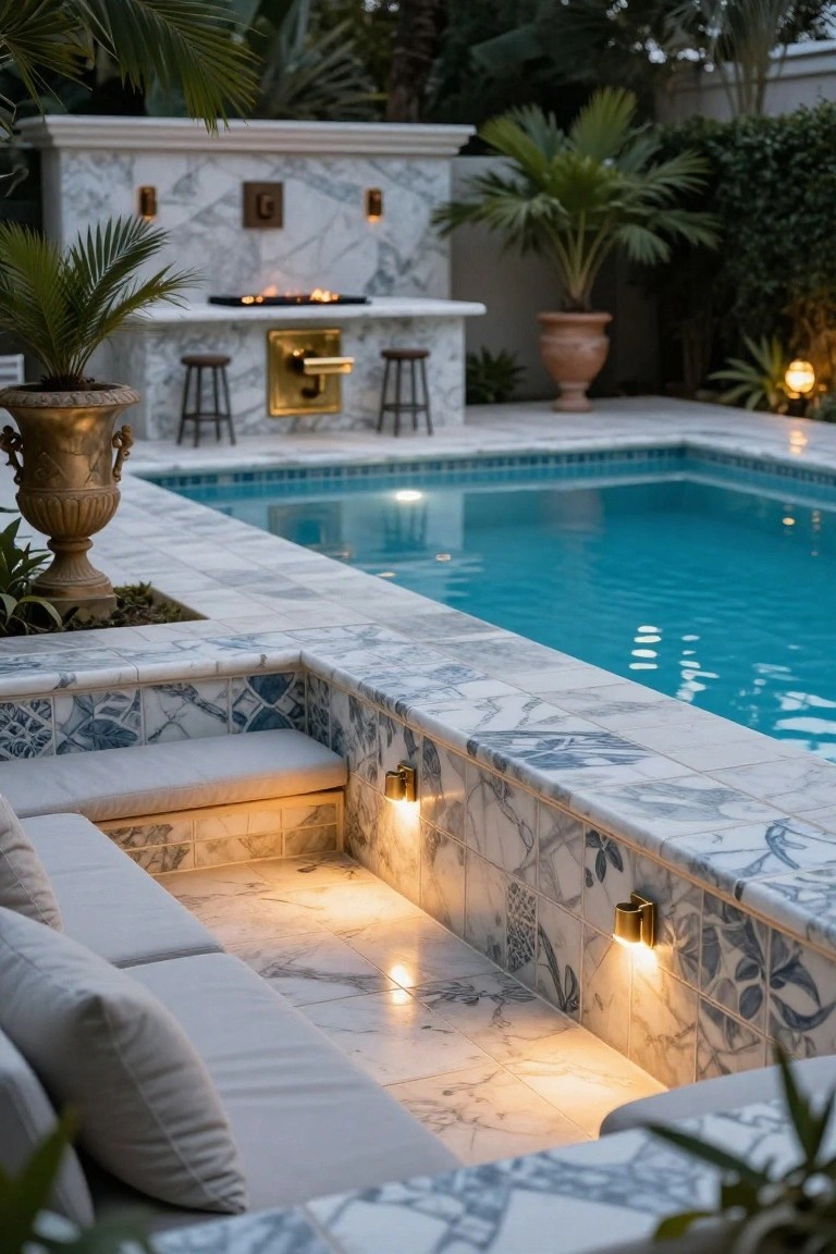 25 Bright Outdoor Pool Lighting Ideas That Elevate the Whole Yard Backyard infinity pool with white marble coping and blue tile accents, built-in beige cushioned seating along the edge lit by small wall-mounted lights, adjacent bar counter with fire feature and stools, surrounded by potted palms and plants at dusk.