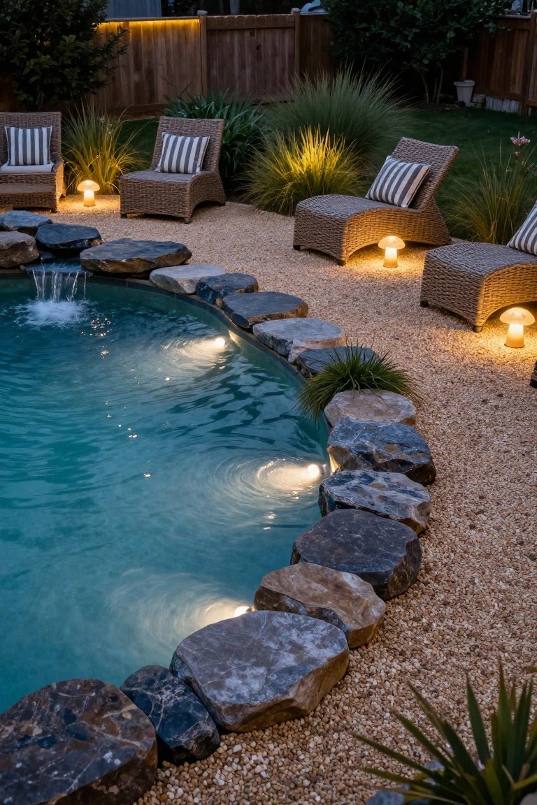 25 Bright Outdoor Pool Lighting Ideas That Elevate the Whole Yard Curved in-ground pool with dark stone edging and gravel surround at dusk, lit by underwater lights and several white mushroom-shaped outdoor lamps near wicker lounge chairs.