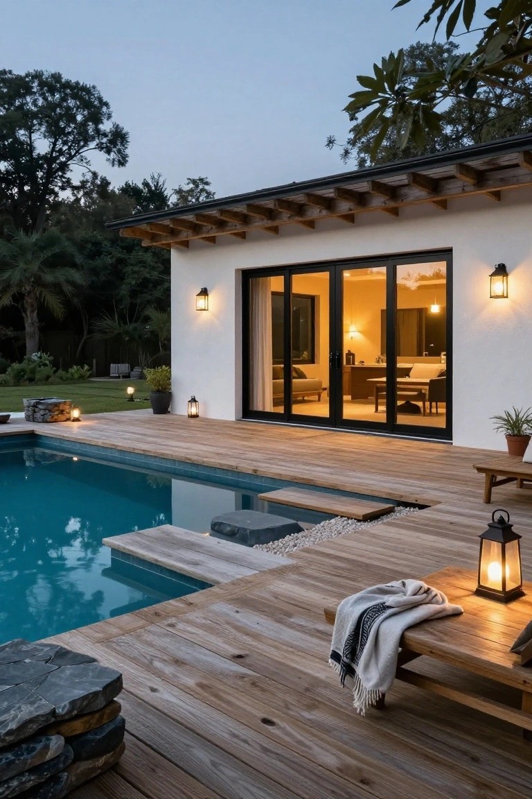 25 Bright Outdoor Pool Lighting Ideas That Elevate the Whole Yard Modern white house with black sliding glass doors opening to a wooden deck beside a turquoise pool at dusk, lit by wall-mounted lanterns, freestanding lanterns, and interior lights, surrounded by tropical plants and trees.