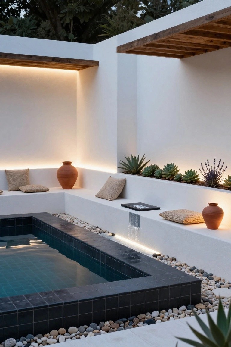 25 Bright Outdoor Pool Lighting Ideas That Elevate the Whole Yard Modern outdoor pool area with black-tiled pool, white stucco walls, built-in benches with beige cushions, terracotta pots, succulents in planters, pebble groundcover, and recessed LED strip lighting along edges.