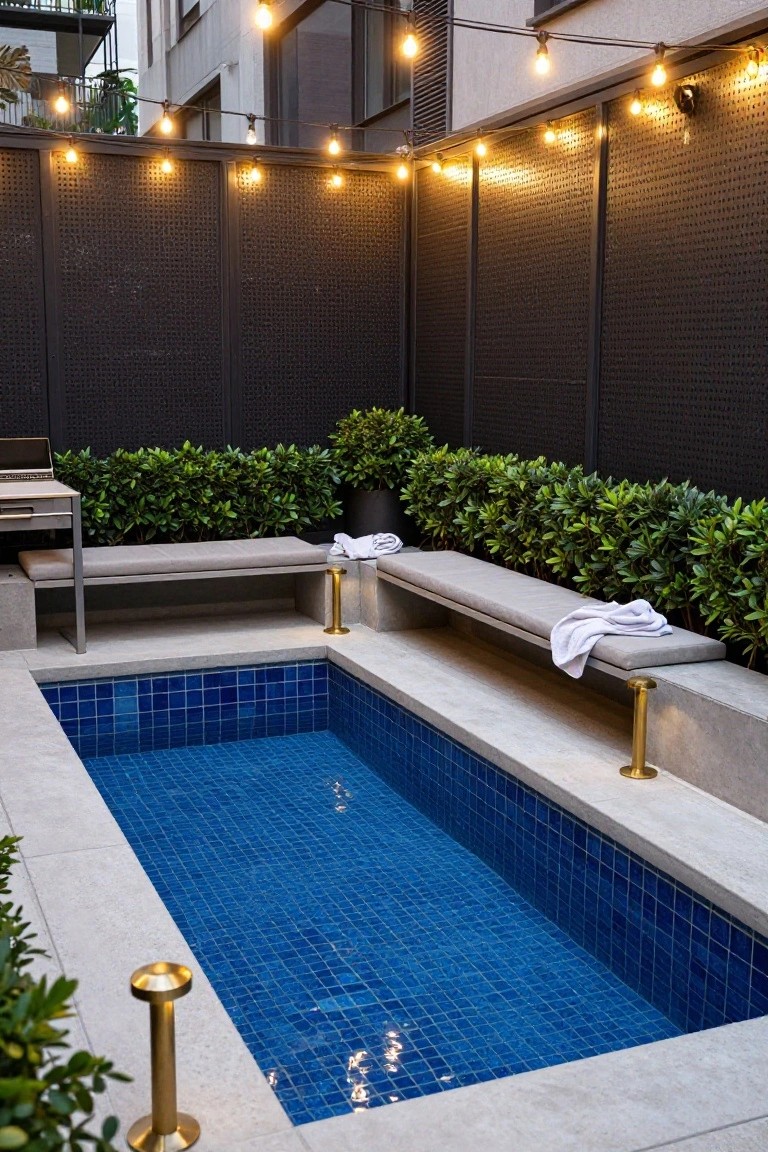 25 Bright Outdoor Pool Lighting Ideas That Elevate the Whole Yard Small rectangular blue-tiled plunge pool in a courtyard with black metal perforated fencing, string lights overhead, boxwood hedges, concrete benches with white towels, and gold pedestal lamps on gray pavers.