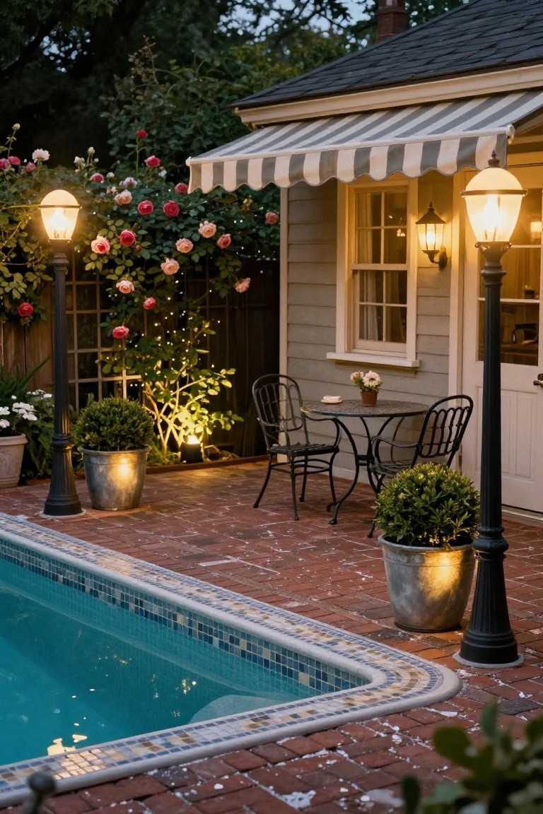 25 Bright Outdoor Pool Lighting Ideas That Elevate the Whole Yard Dusk view of a poolside brick patio with tall black metal lanterns, striped awning over a gray pool house, wrought-iron table and chairs, rose-covered trellis, potted plants, and blue-tiled pool edge.