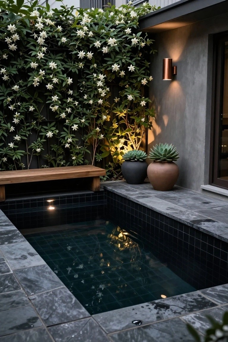 25 Bright Outdoor Pool Lighting Ideas That Elevate the Whole Yard Small black-tiled rectangular plunge pool with underwater edge lighting in a paved courtyard, wooden bench nearby, two potted agave plants, jasmine vine on metal fence, and copper wall sconces on concrete wall.