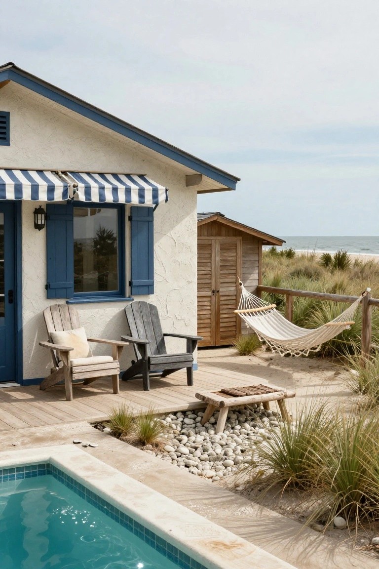 Beach house with blue door and shutters, light and dark Adirondack chairs on wooden deck next to inground pool, hammock on fence, wood bench, pebble ground with dune grasses, and ocean in background.