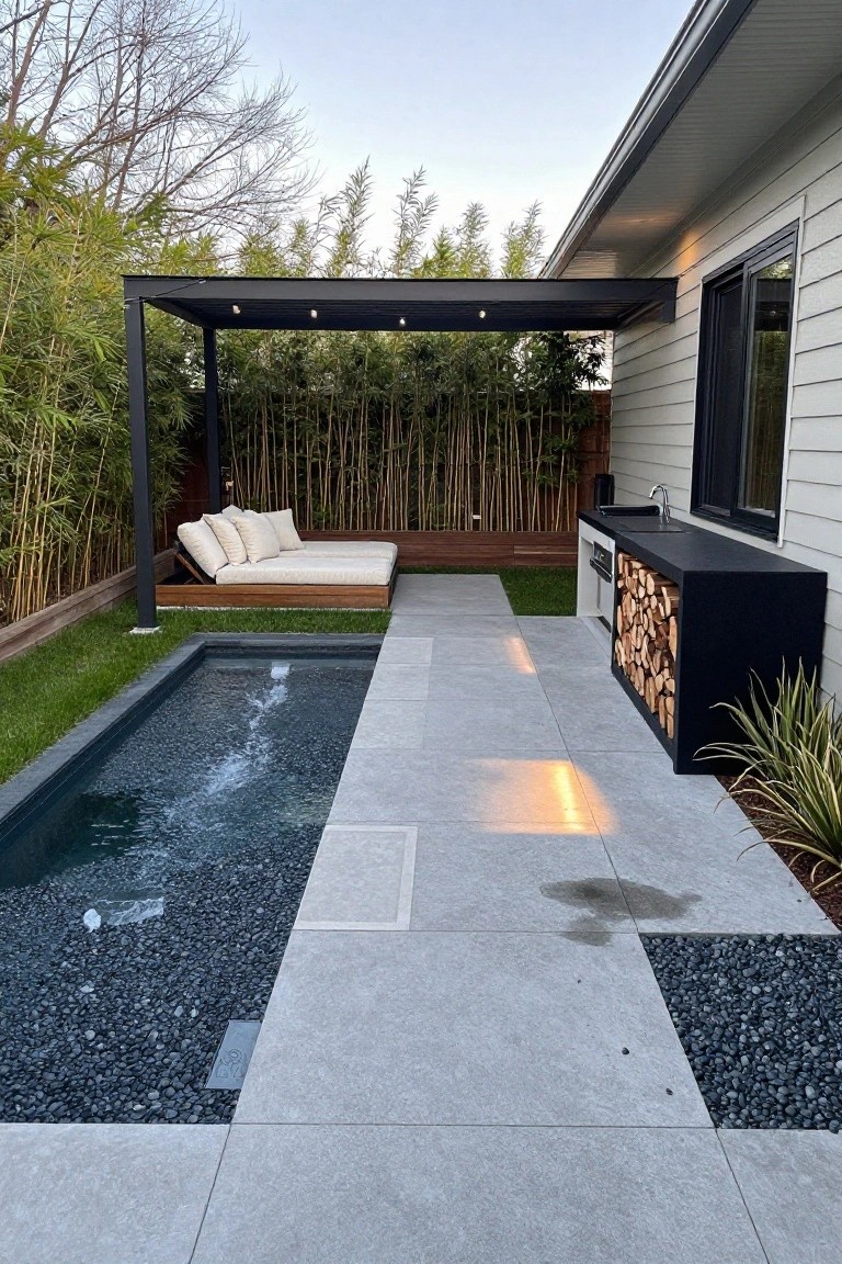 Narrow black inground plunge pool with bubbling water, surrounded by black pebbles and grey pavers, next to a white cushioned daybed under a black metal pergola, black outdoor kitchen with wood storage, and tall bamboo screen against a light-colored house exterior.