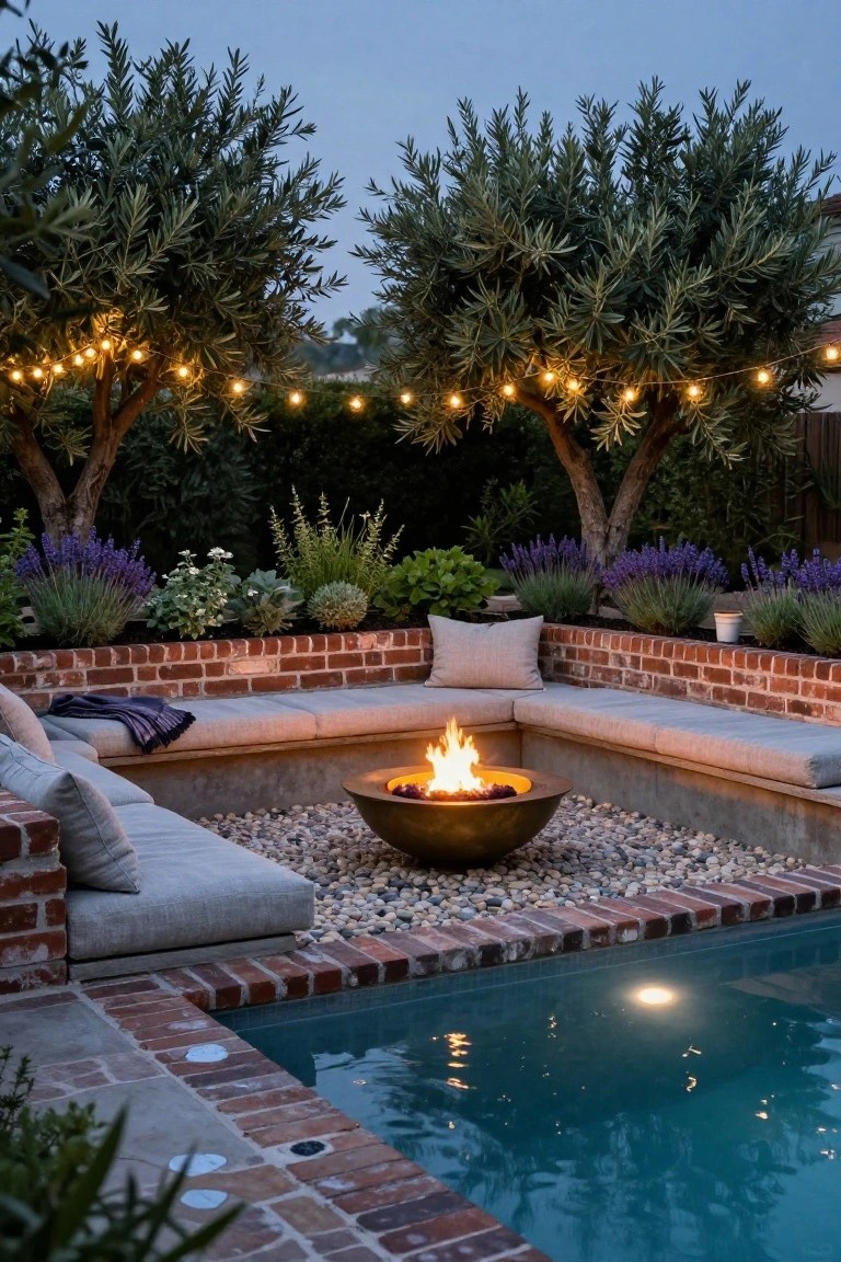 Brick L-shaped benches with cushions surround a sunken bronze fire pit filled with flames next to a turquoise inground pool, with olive trees, lavender plants, string lights, and pebble ground cover.